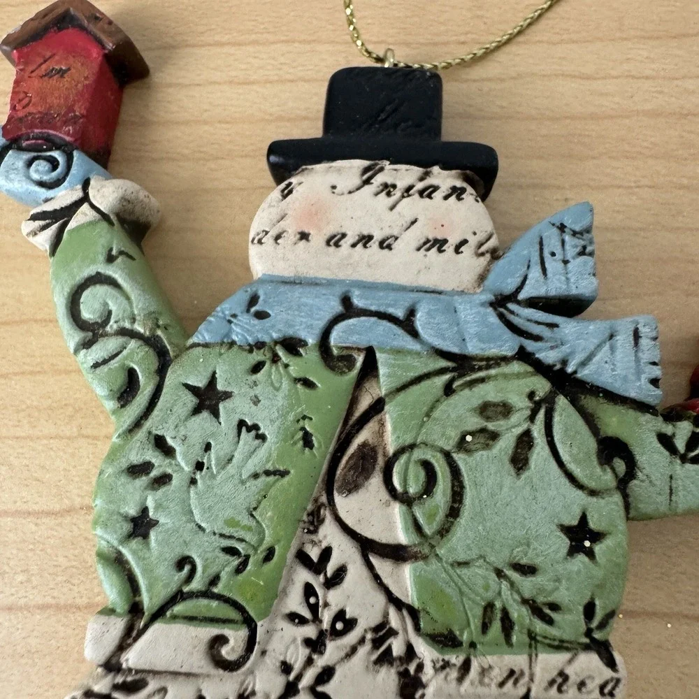 Snowman Cardinal Silent Night Song Lyrics Christmas Ornament Script‎ Folk Art